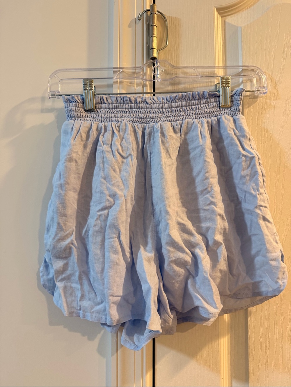 aerie High-Waist Smocked Light Blue Linen-Blend Shorts